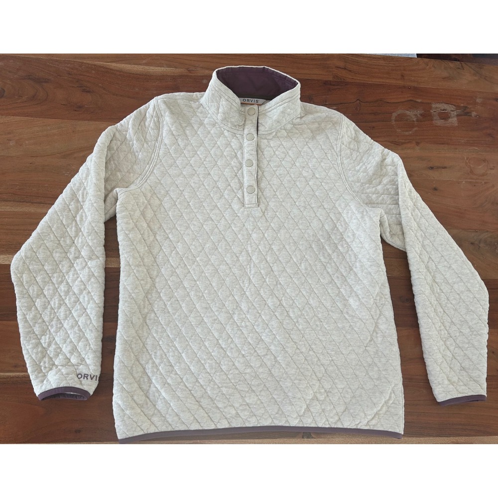 Orvis Mens Quilted Snap-Neck Pullover Sweatshirt Oatmeal Purple RN70534 Medium